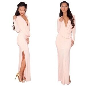 House of CB Martika Long Sleeve Draped Plunge Front Dress Blush Pink Small